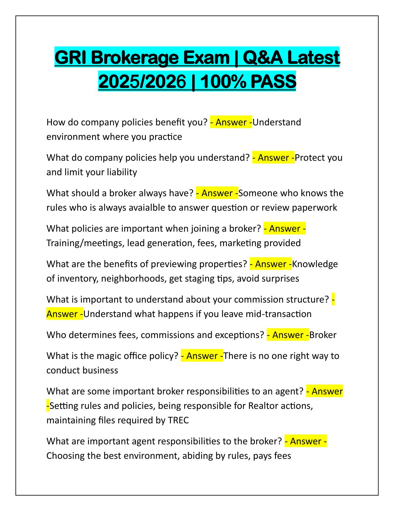 GRI Brokerage Exam Q&A Latest Update