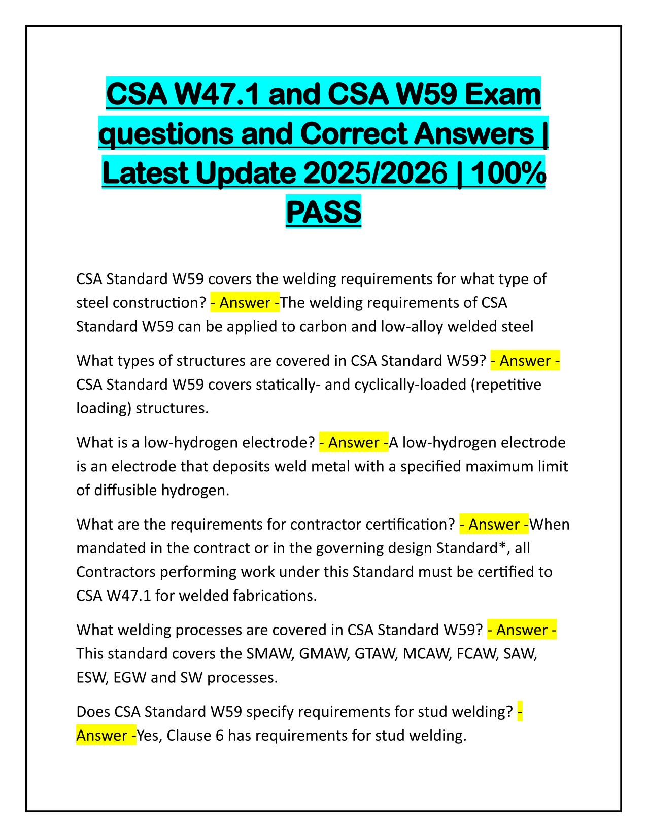 CSA W47.1 and CSA W59 Exam Correctly Answered 100% PASS