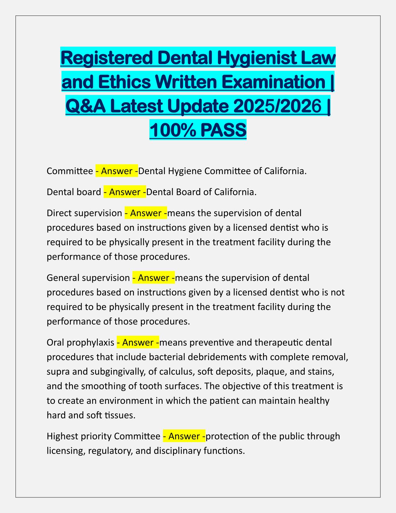 Registered Dental Hygienist Law and Ethics Written EXAM Q&A latest Update