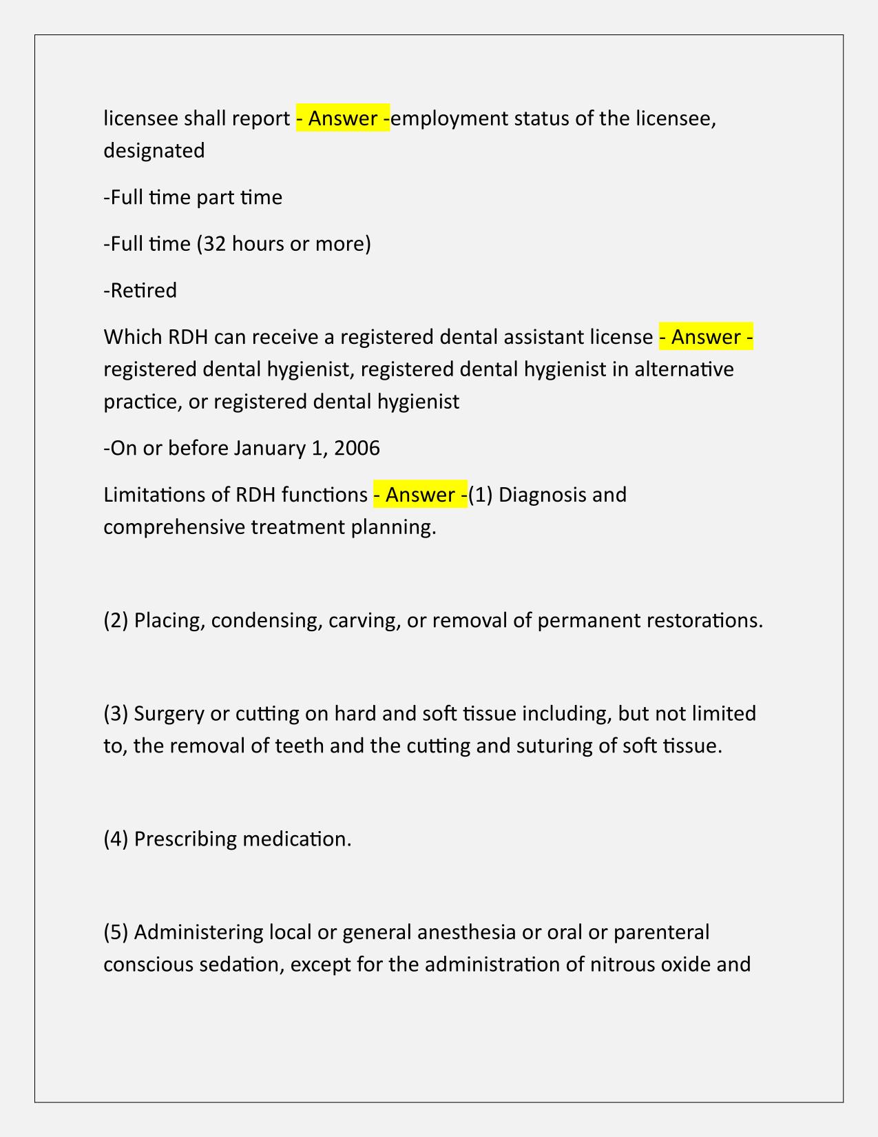 Registered Dental Hygienist Law and Ethics Written EXAM Q&A latest Update