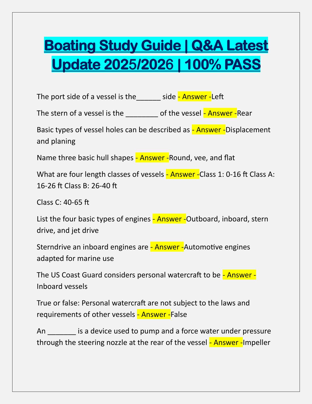 Boating Study Guide Q&A Latest Update