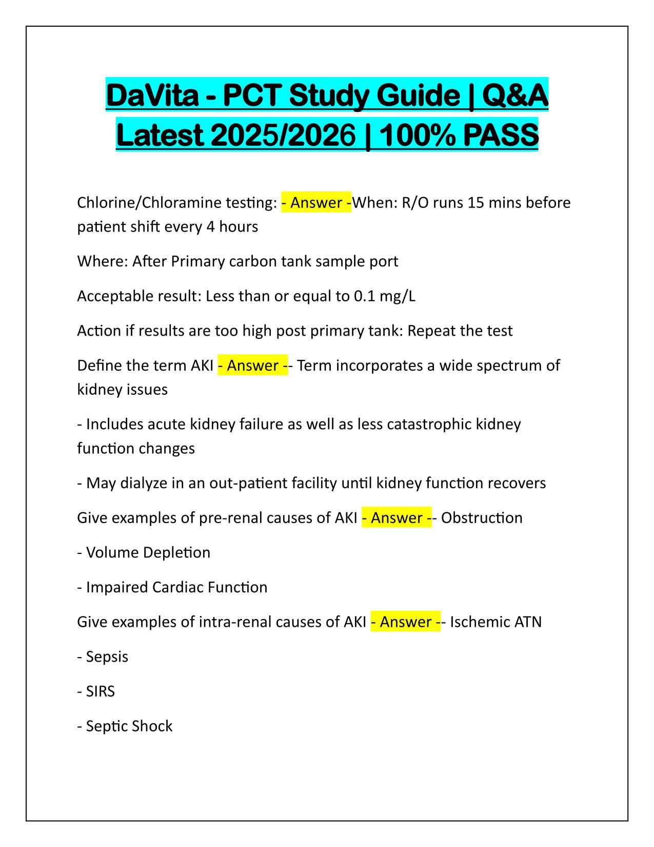 DaVita PCT Study Guide Correctly Answered Latest Update
