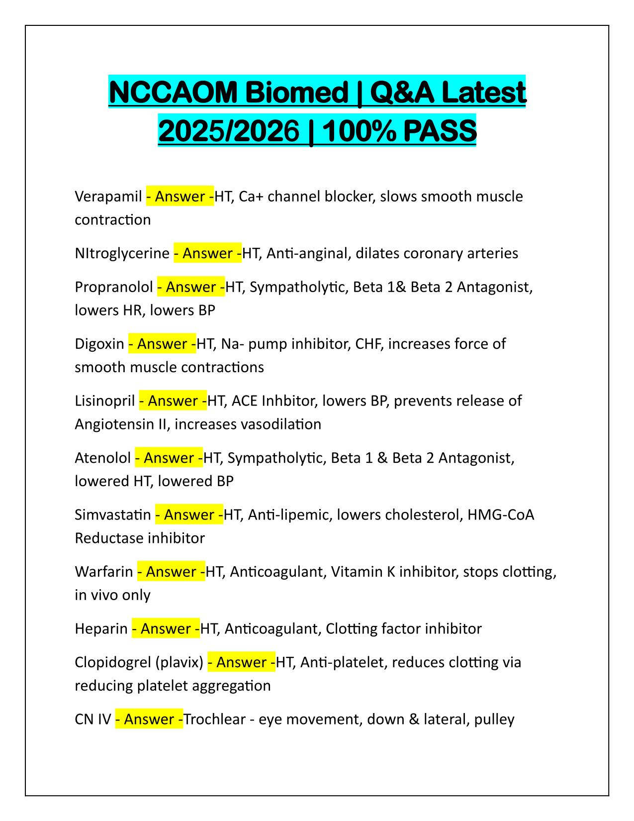 NCCAOM Biomed Q&A Latest Update 2025