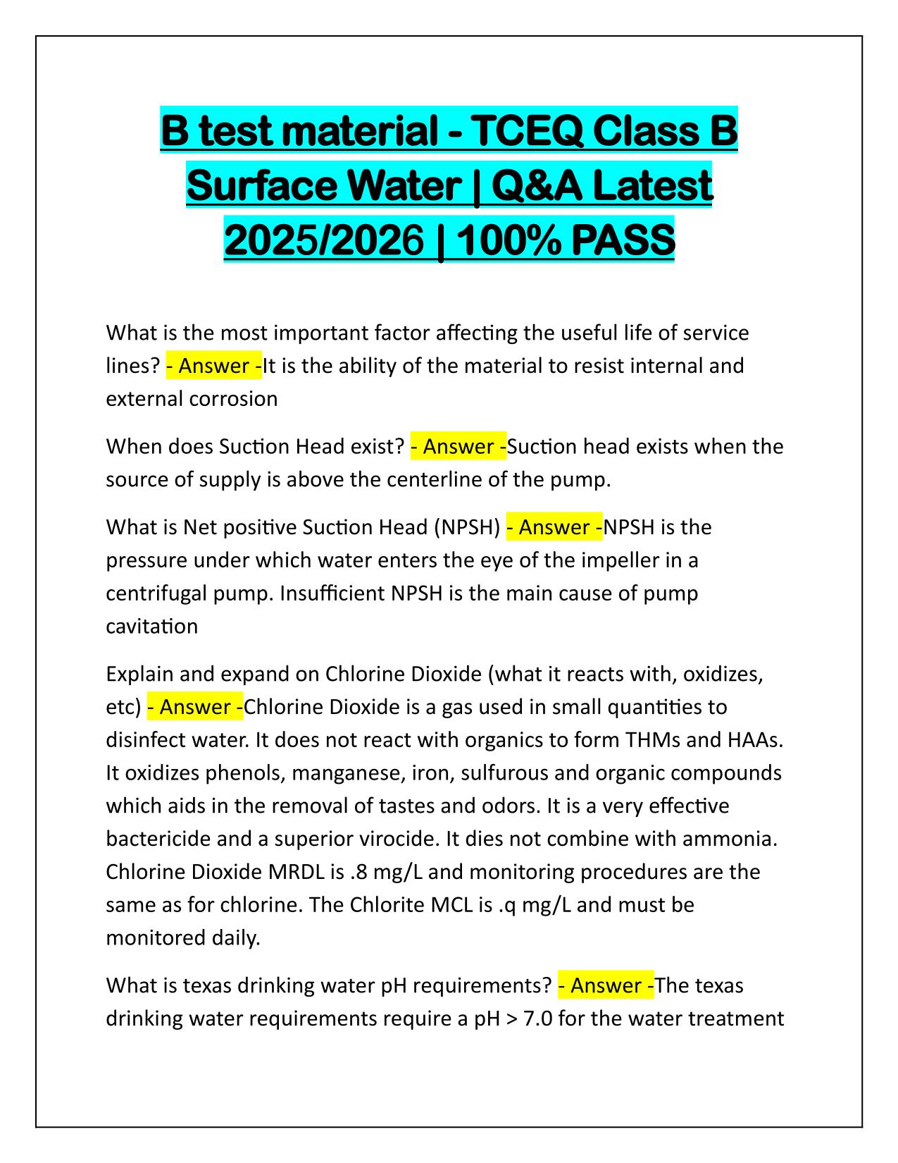B test material TCEQ Class B Surface Water Exam Correctly Answered Latest Update