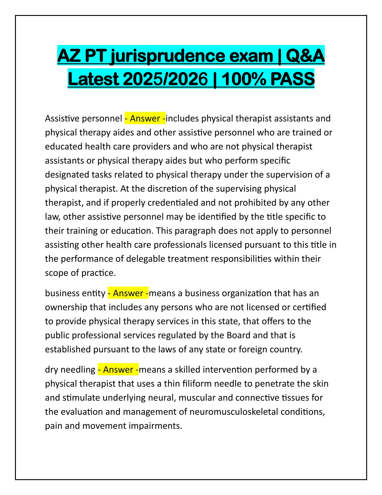 AZ PT jurisprudence exam Q&A Latest Update