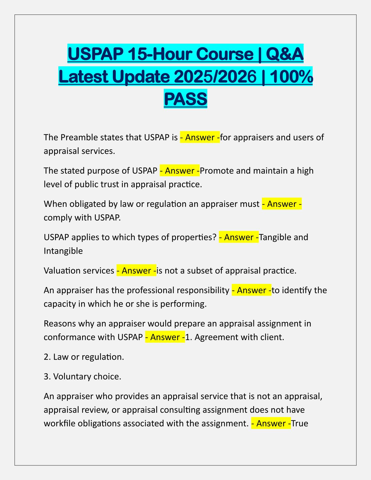 USPAP 15-Hour Course Q&A Latest Update