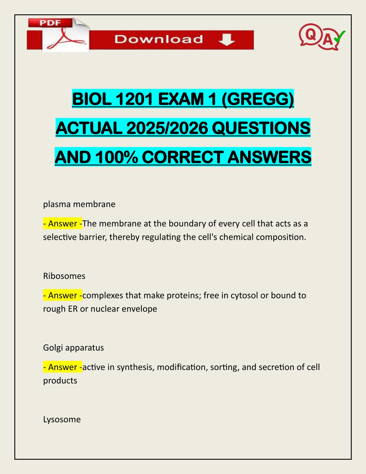 BIOL 1201 EXAM 1 (GREGG) ACTUAL 2025/2026 QUESTIONS AND VERIFIED ANSWERS
