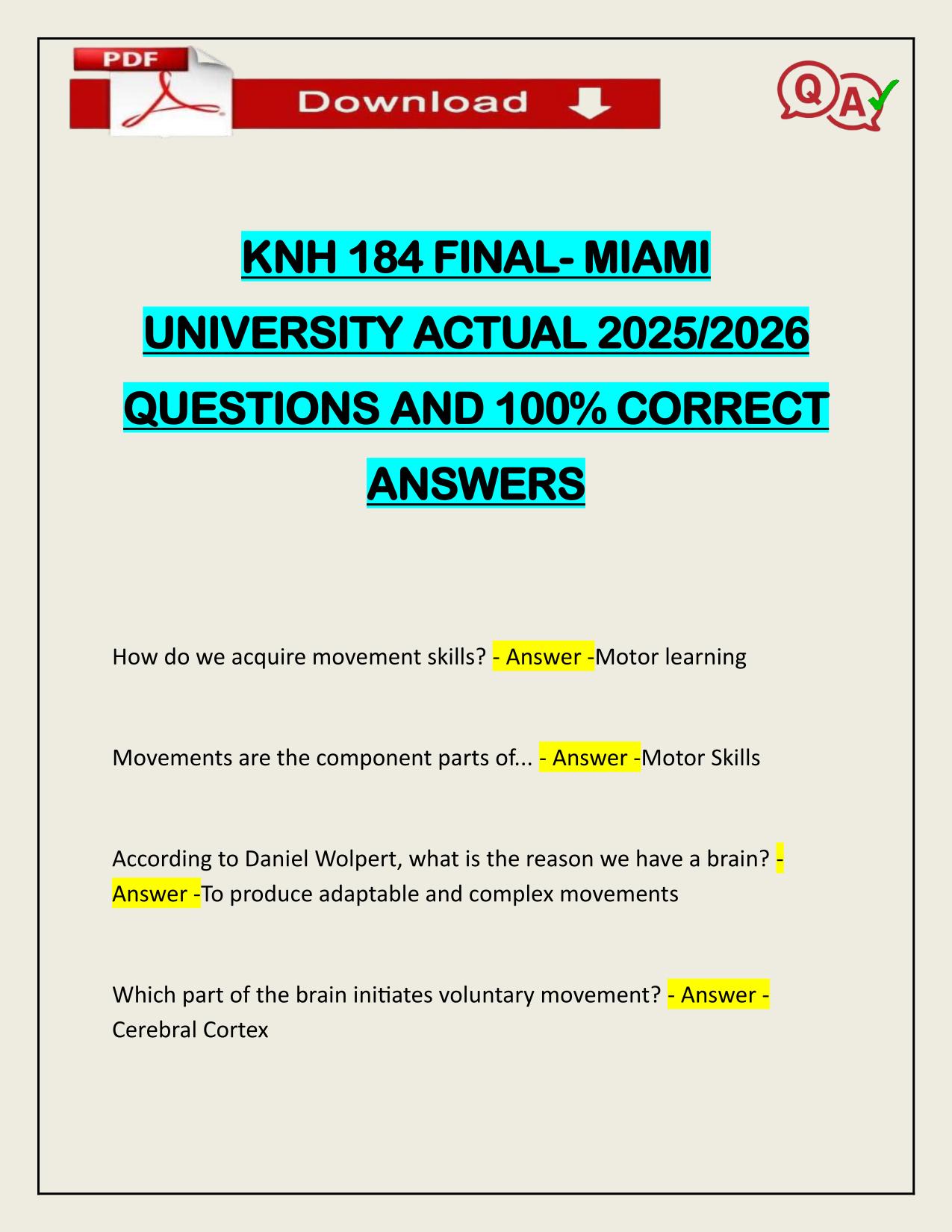 KNH 184 FINAL- MIAMI UNIVERSITY ACTUAL 2025/2026 CORRECTLY ANSWERED