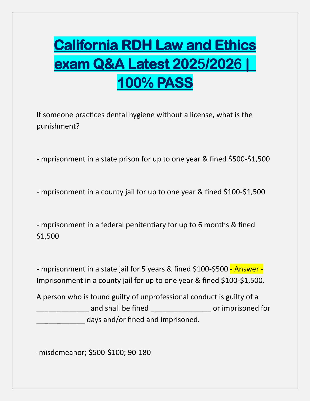 California RDH Law and Ethics exam Correctly Answered Latest Update
