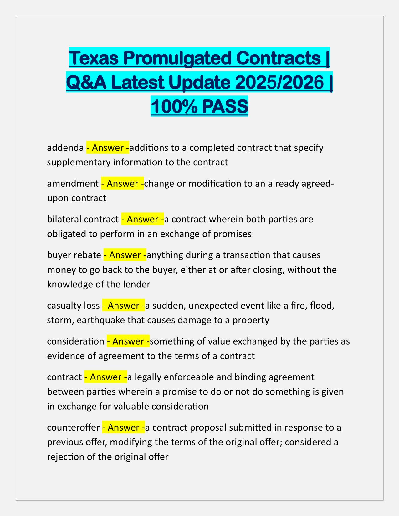 Texas Promulgated Contracts EXAM Q&A Latest Update