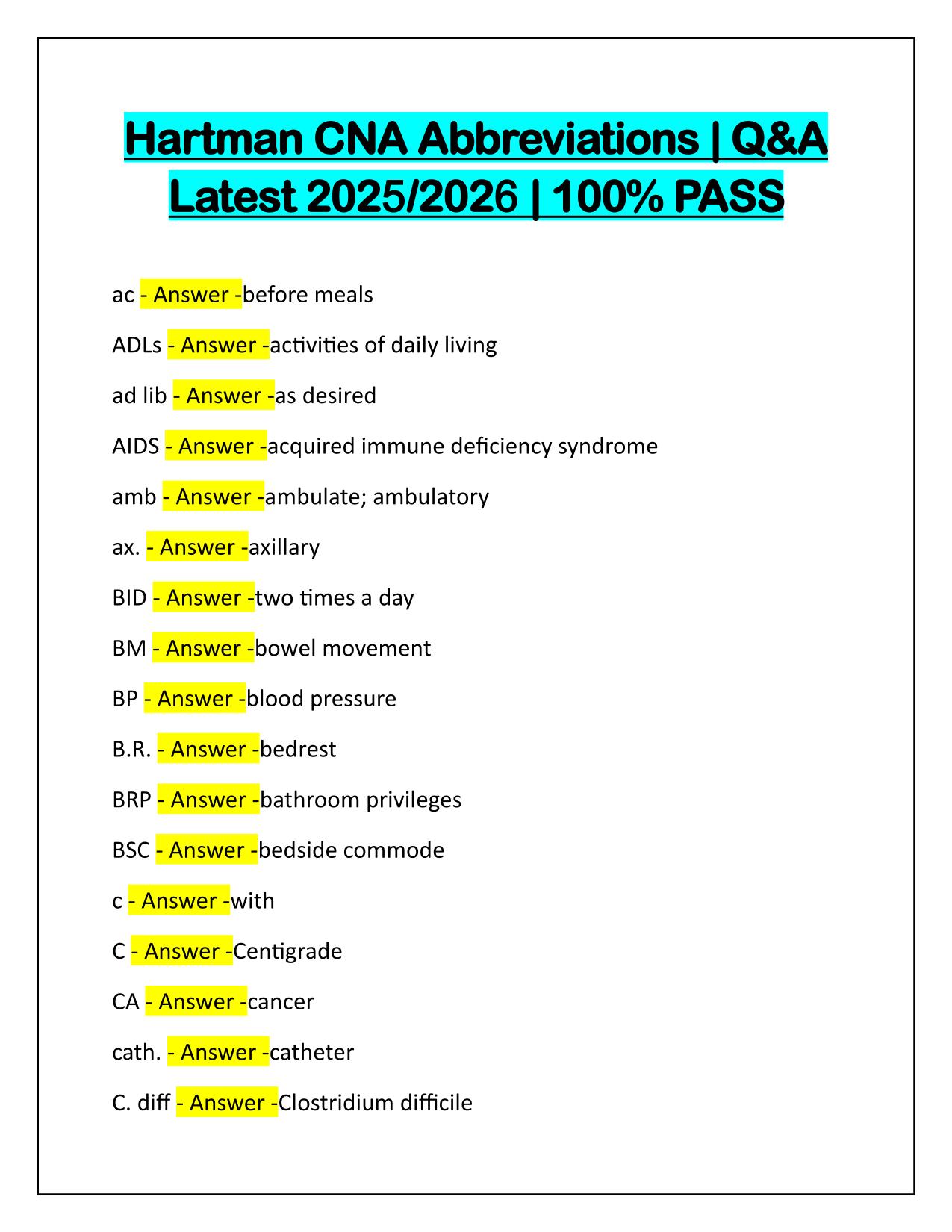 Hartman CNA Abbreviations with Correct Solutions Latest Update