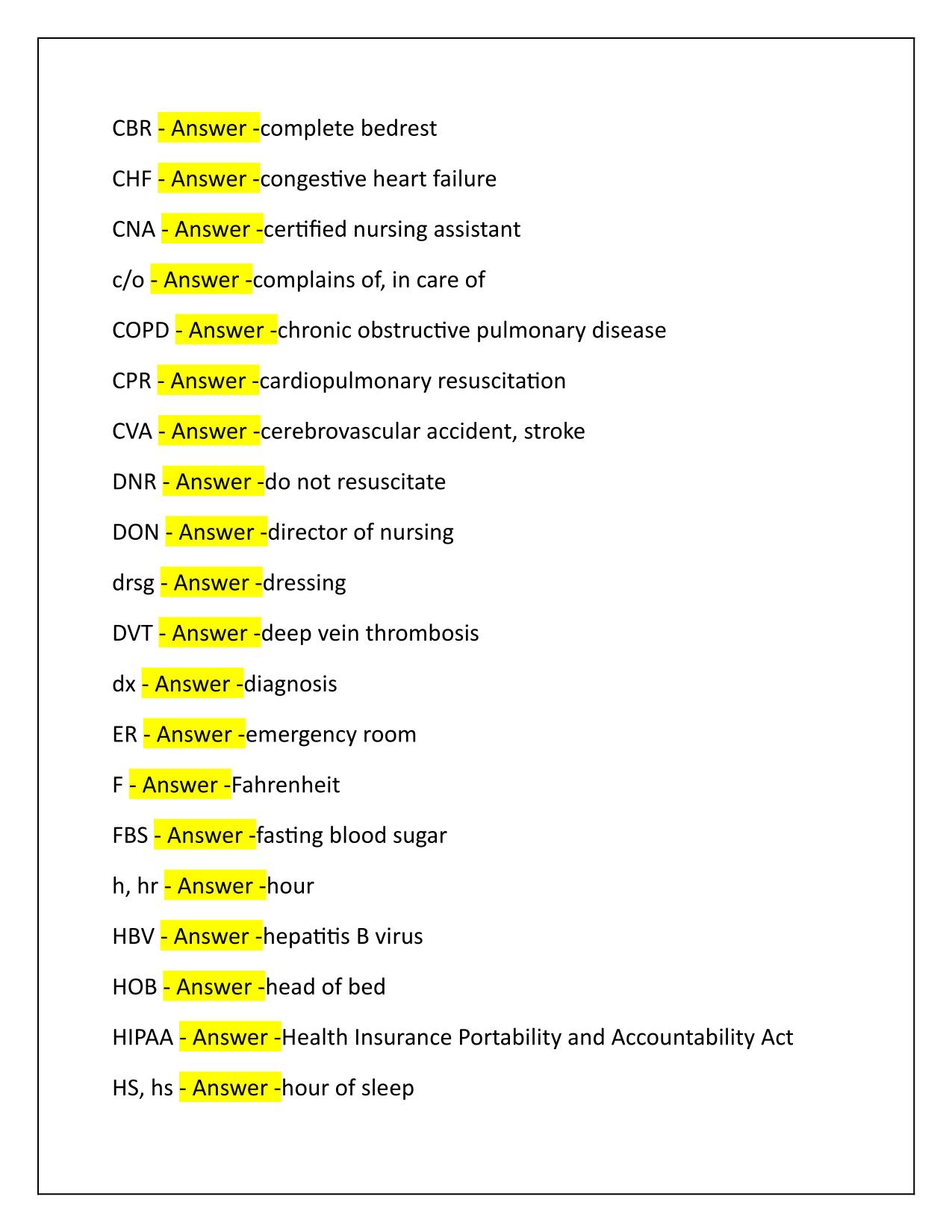 Hartman CNA Abbreviations with Correct Solutions Latest Update