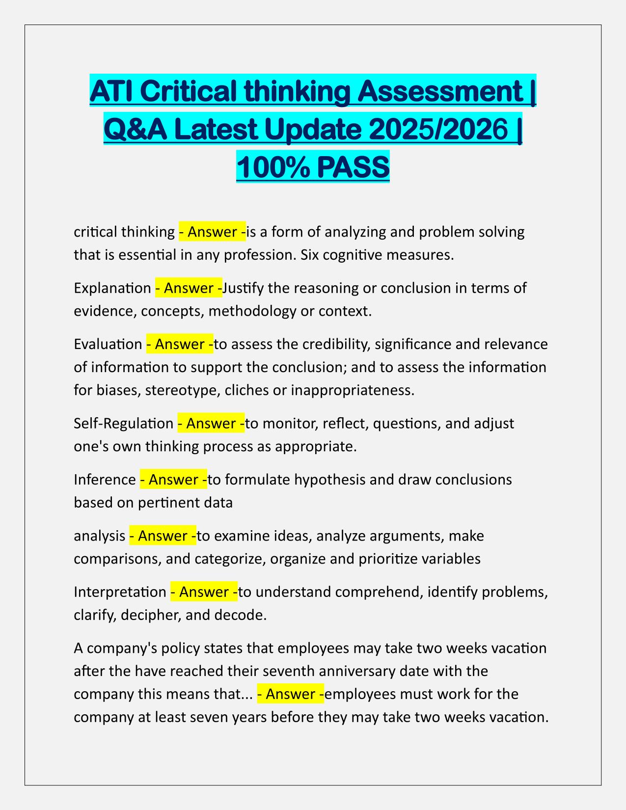 ATI Critical thinking Assessment Q&A Latest Update
