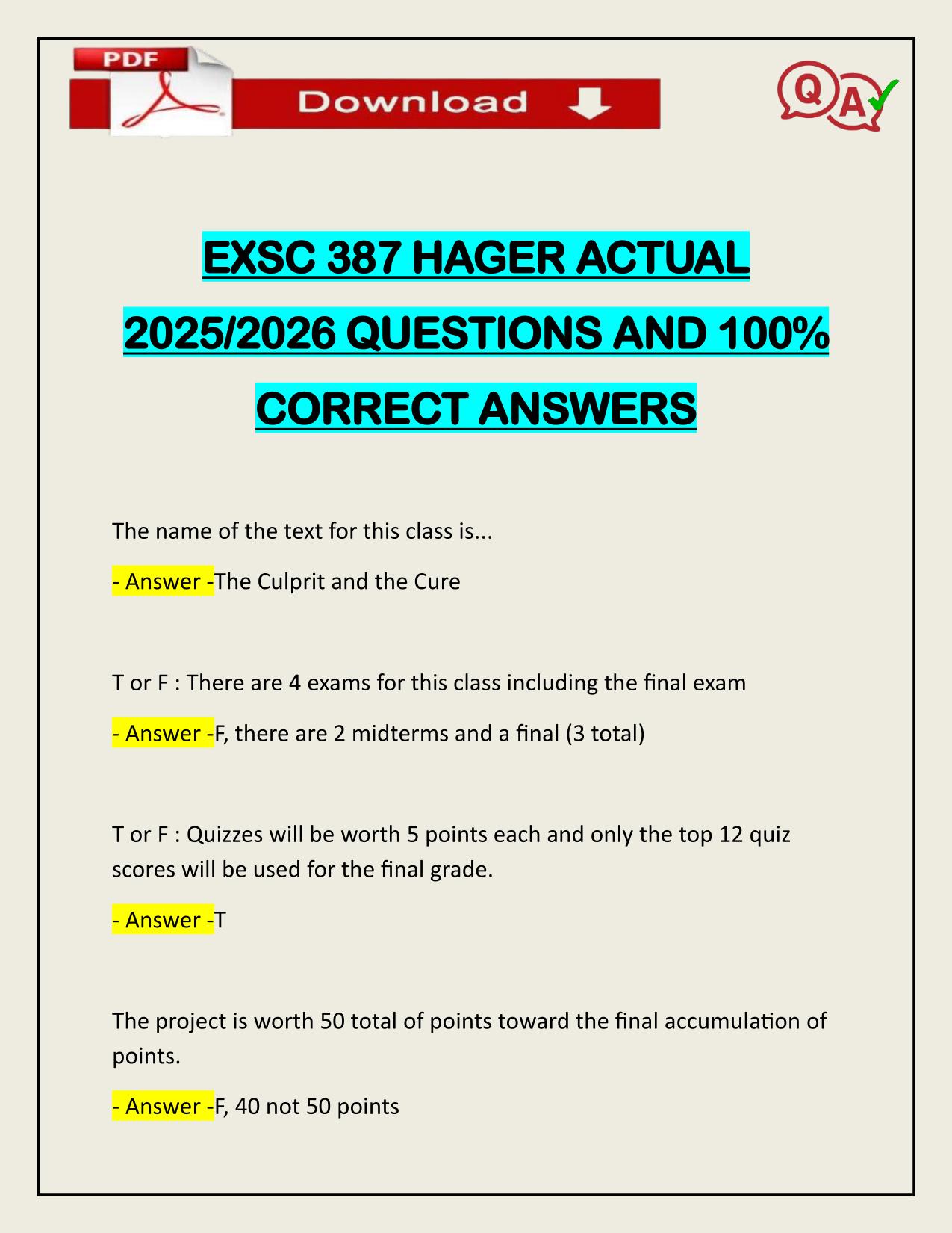 EXSC 387 HAGER ACTUAL 2025/2026 CORRECTLY ANSWERED
