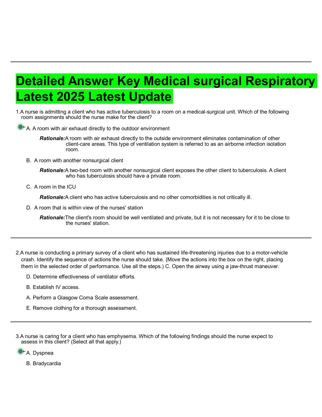 Detailed Answer Key Medical surgical Respiratory Latest 2025 Latest Update Q&A