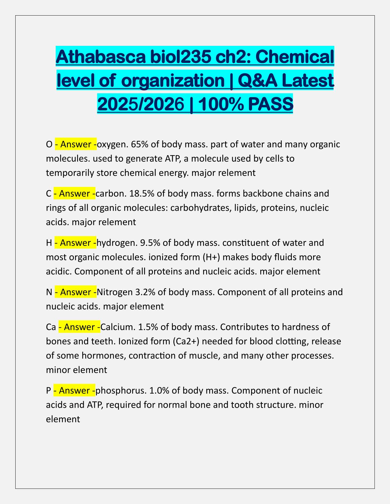 Athabasca BIOL235 ch2 Chemical level of organization Q&A Latest Update
