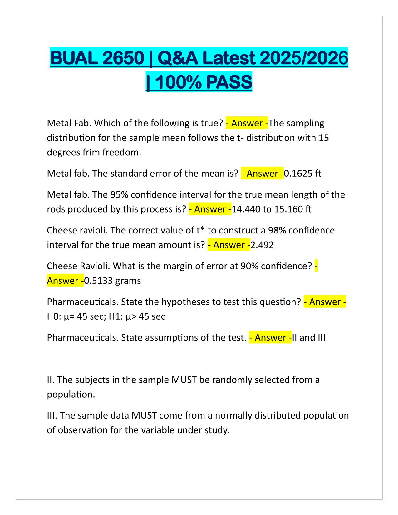 Bundle for BUAL 2650 EXAMS Q&A Latest Update 2025-2026