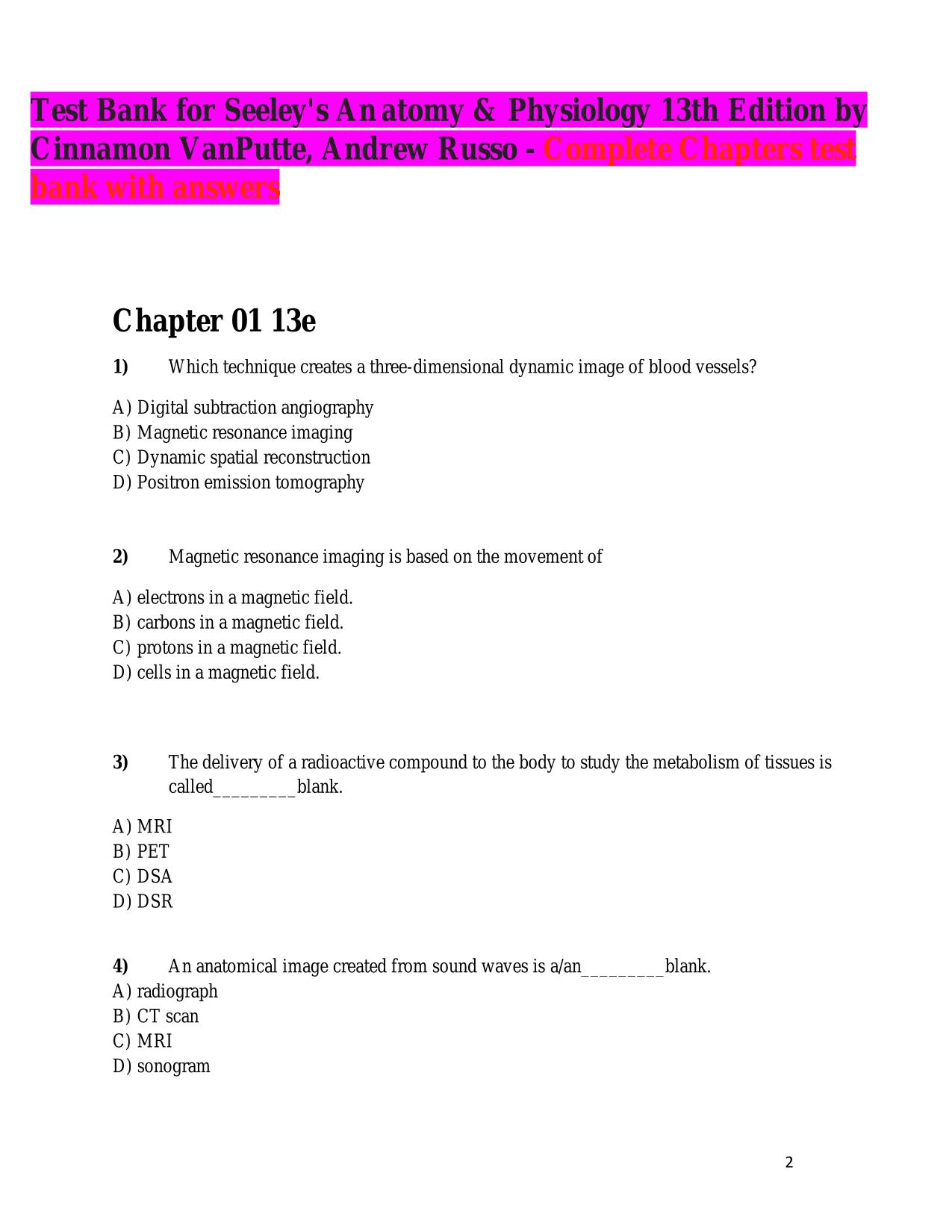 Test Bank for Seeleys Anatomy and Physiology 13th Ed by Cinnamon VanPutte Jennifer Regan ISBN 9781264103881