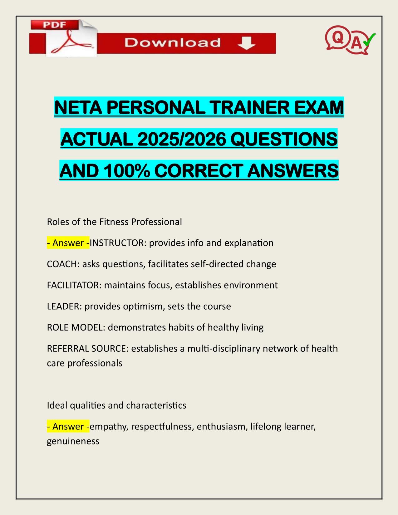 NETA PERSONAL TRAINER EXAM ACTUAL 2025/2026 Q&A