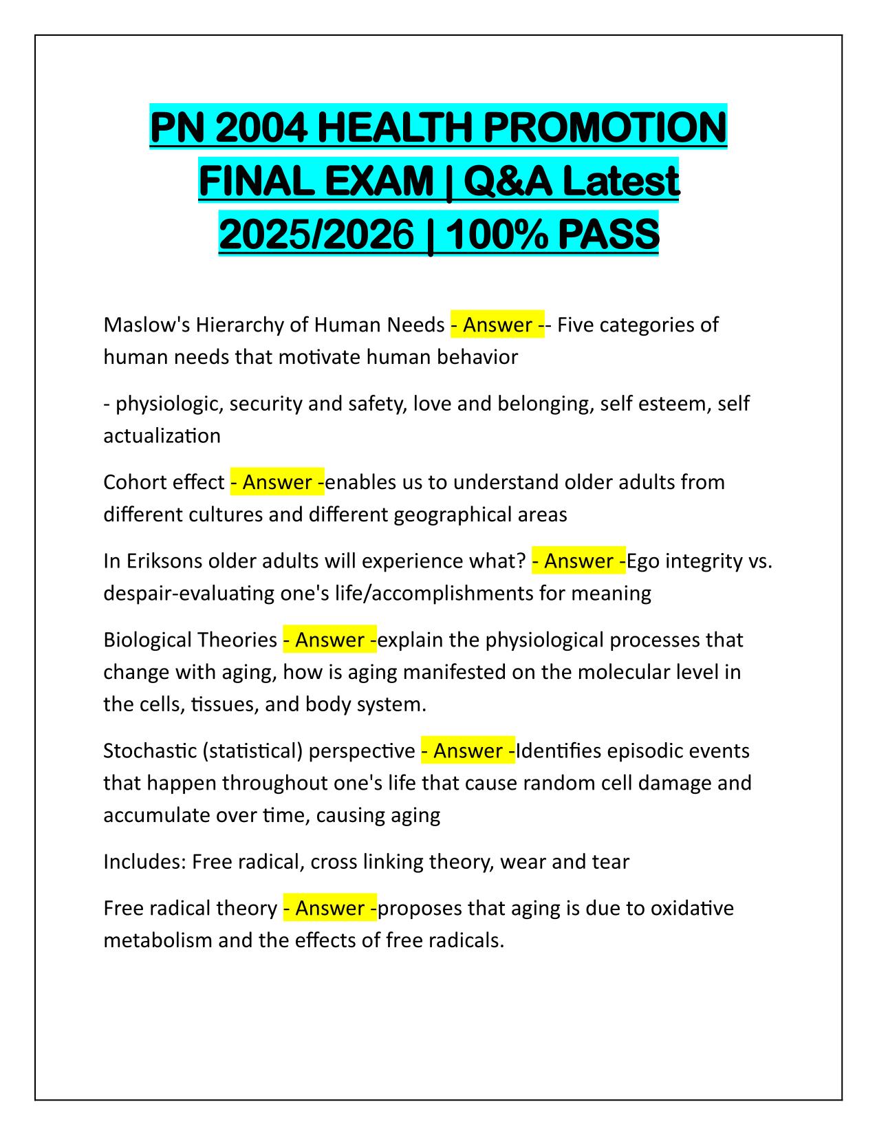 PN 2004 HEALTH PROMOTION FINAL EXAM Q&A Latest Update 2025