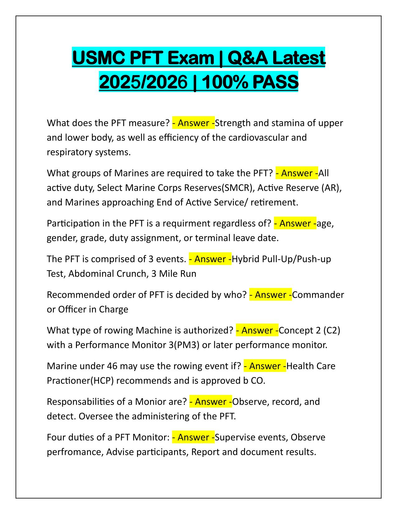USMC PFT Exam Q&A Latest Update 2025