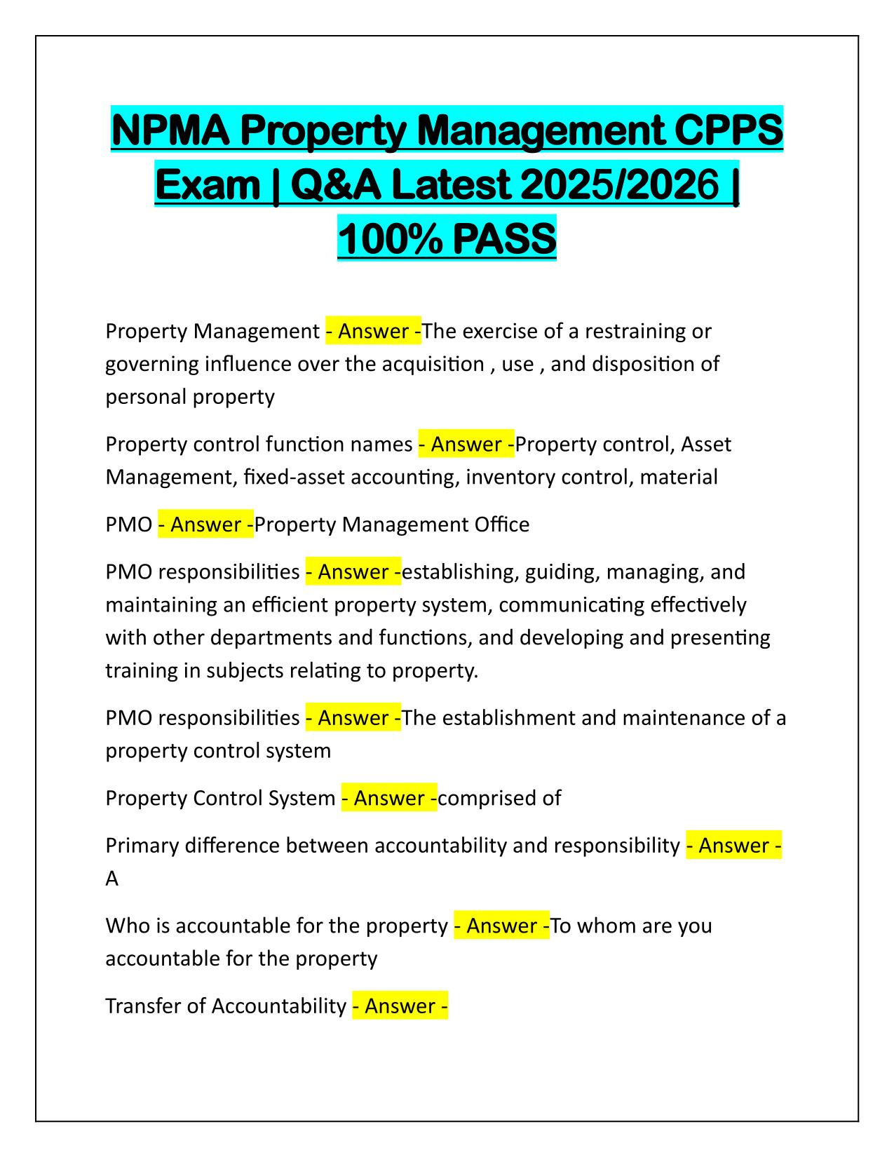 NPMA Property Management CPPS Exam Q&A Latest Update