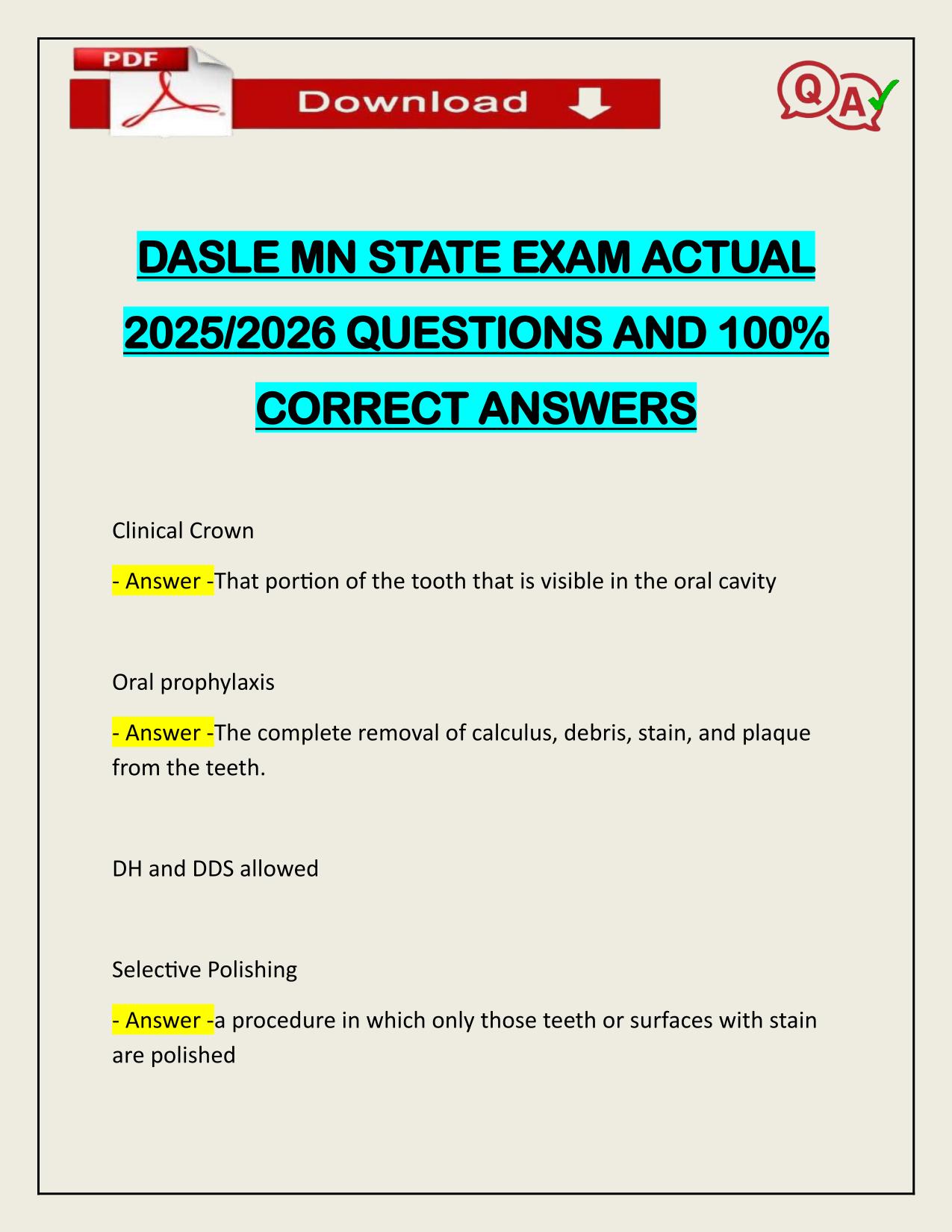 DASLE MN STATE EXAM ACTUAL 2025/2026 Q&A 100% PASS