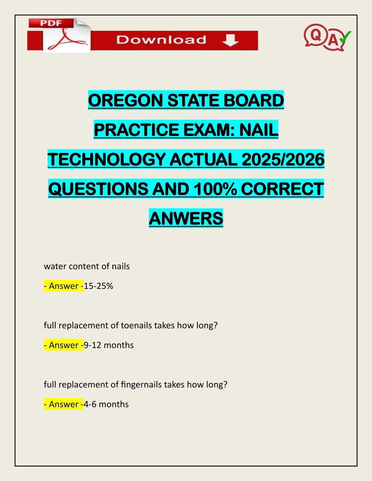 OREGON STATE BOARD PRACTICE EXAM: NAIL TECHNOLOGY ACTUAL 2025/2026 Q&A 100% PASS