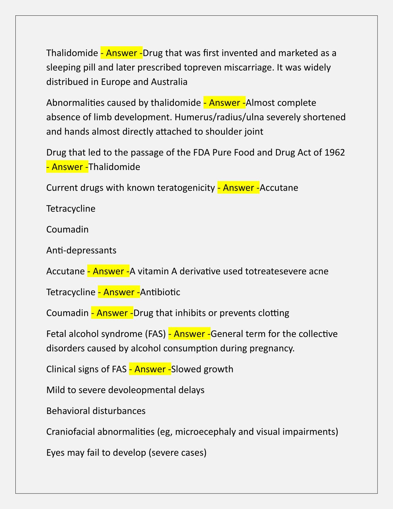 Teratogens Test Q&A Latest Update