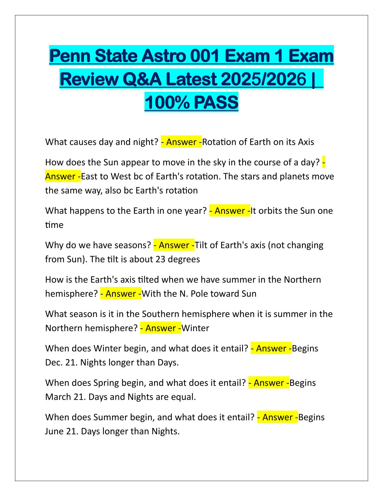 Penn State Astro 001 Exam 1 Exam Review Q&A Latest Update