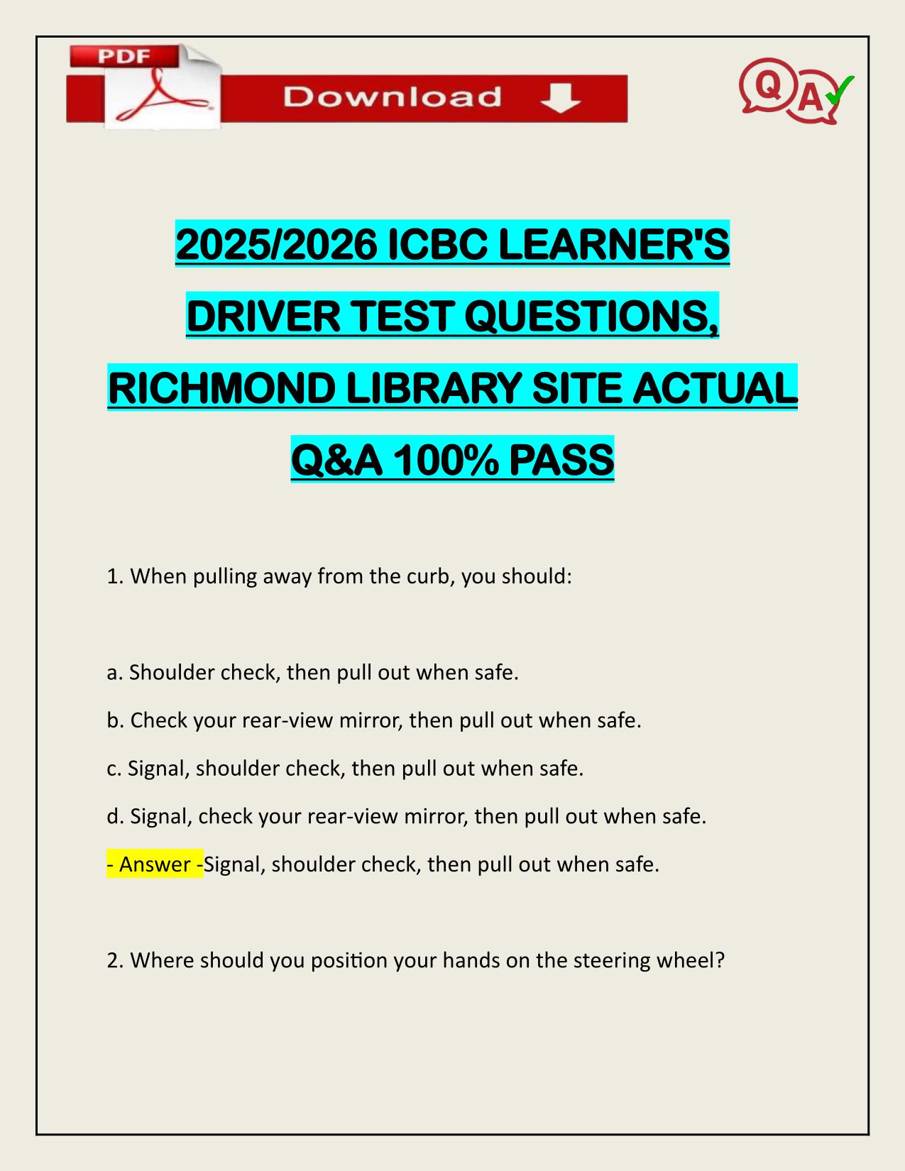 2025/2026 ICBC LEARNER'S DRIVER TEST QUESTIONS, RICHMOND LIBRARY SITE ACTUAL Q&A 100% PASS