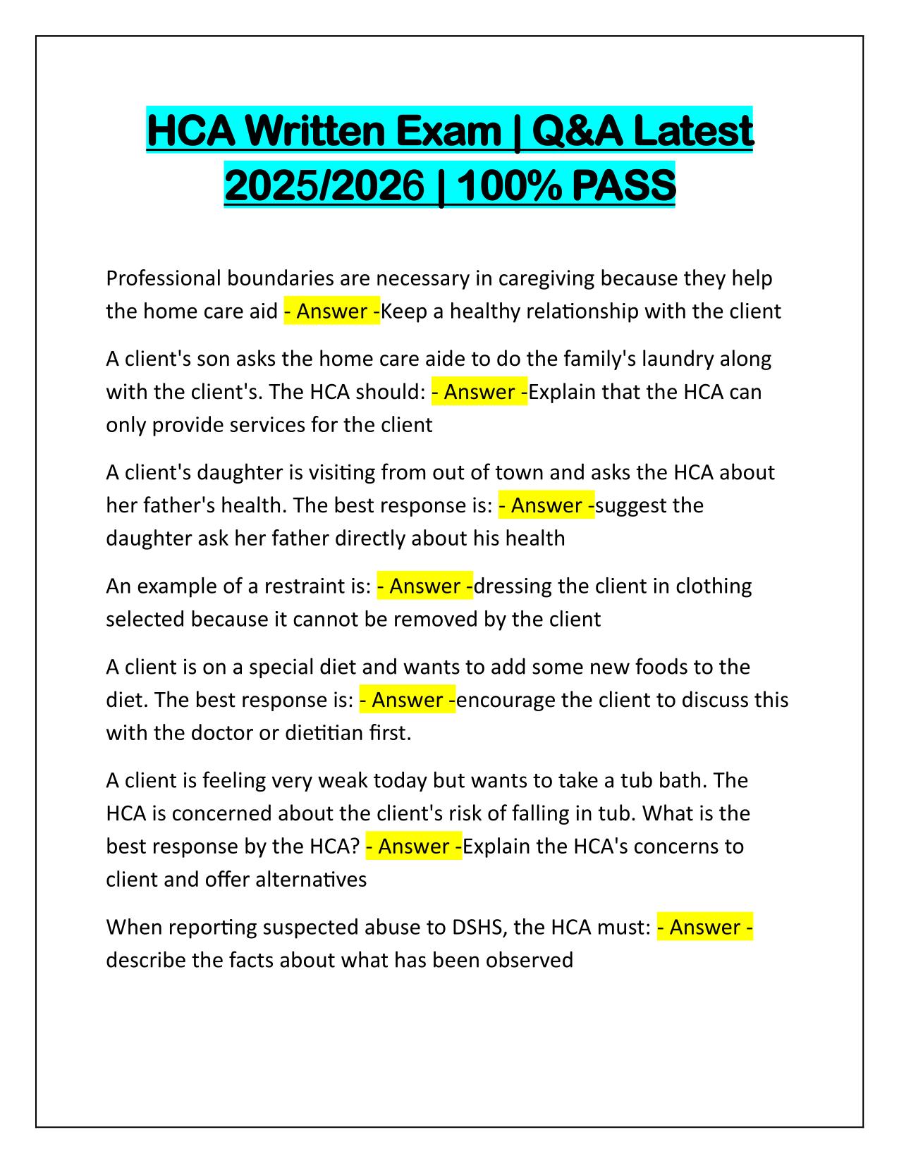 HCA Written Exam Q&A Latest Update 2025