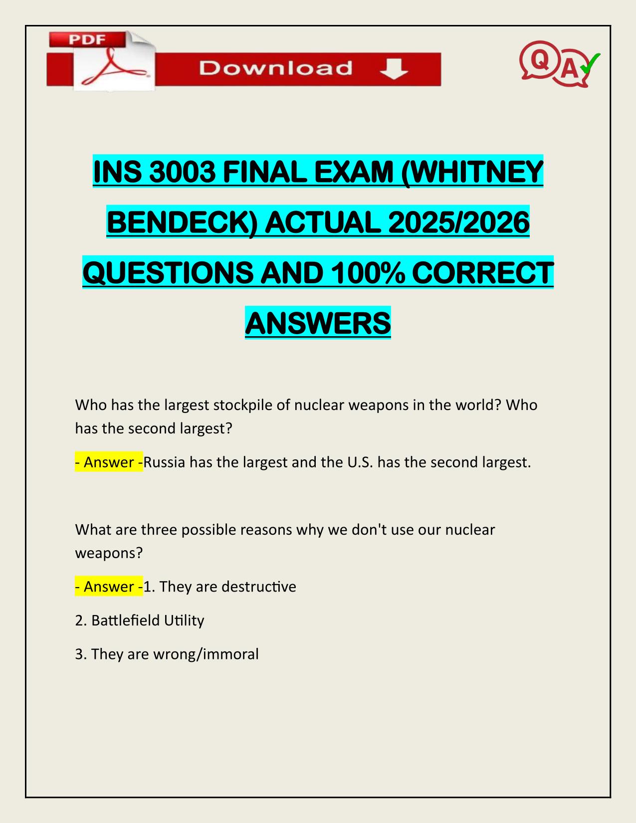 INS 3003 FINAL EXAM (WHITNEY BENDECK) ACTUAL 2025/2026