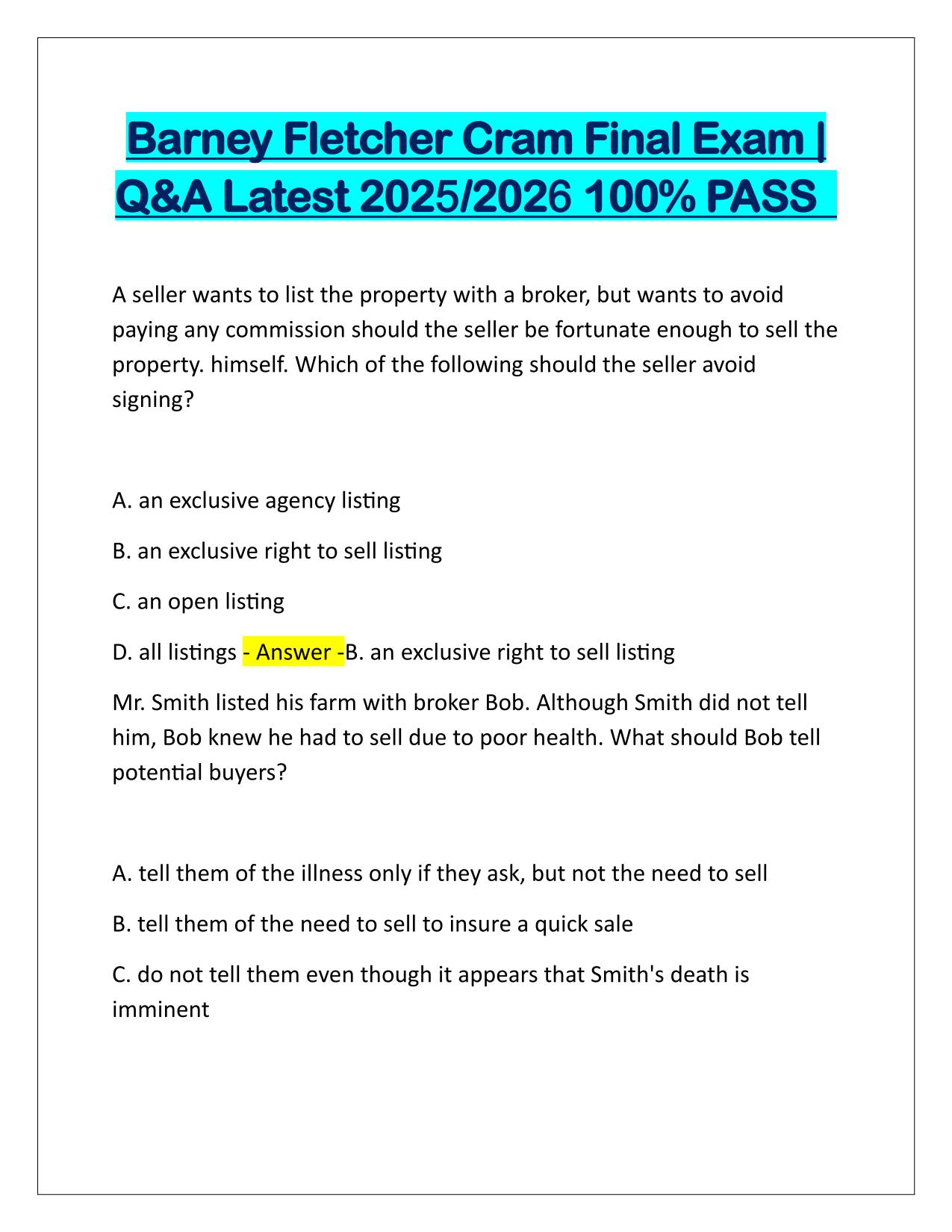 Barney Fletcher Cram Final Exam Questions and Verified Answers