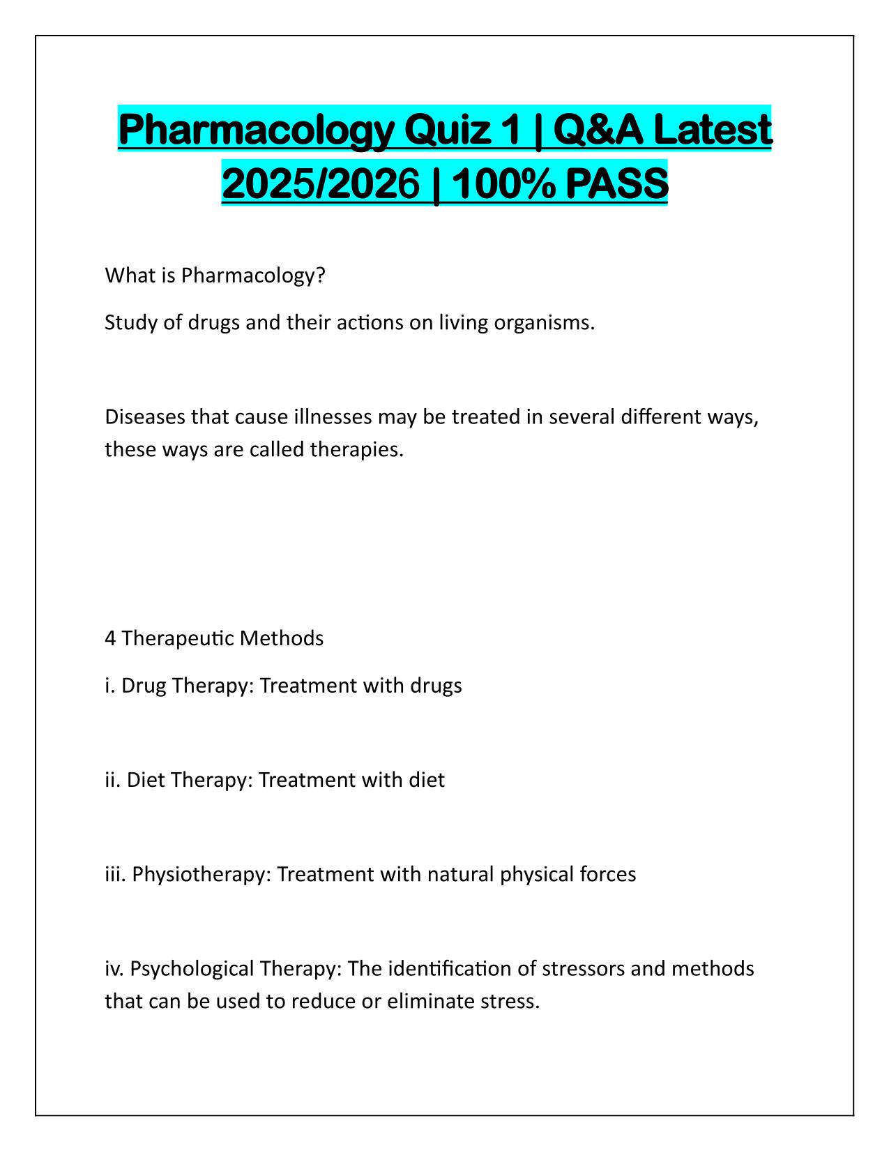 Pharmacology Quiz 1 Correctly Answered Latest Update 2025-2026