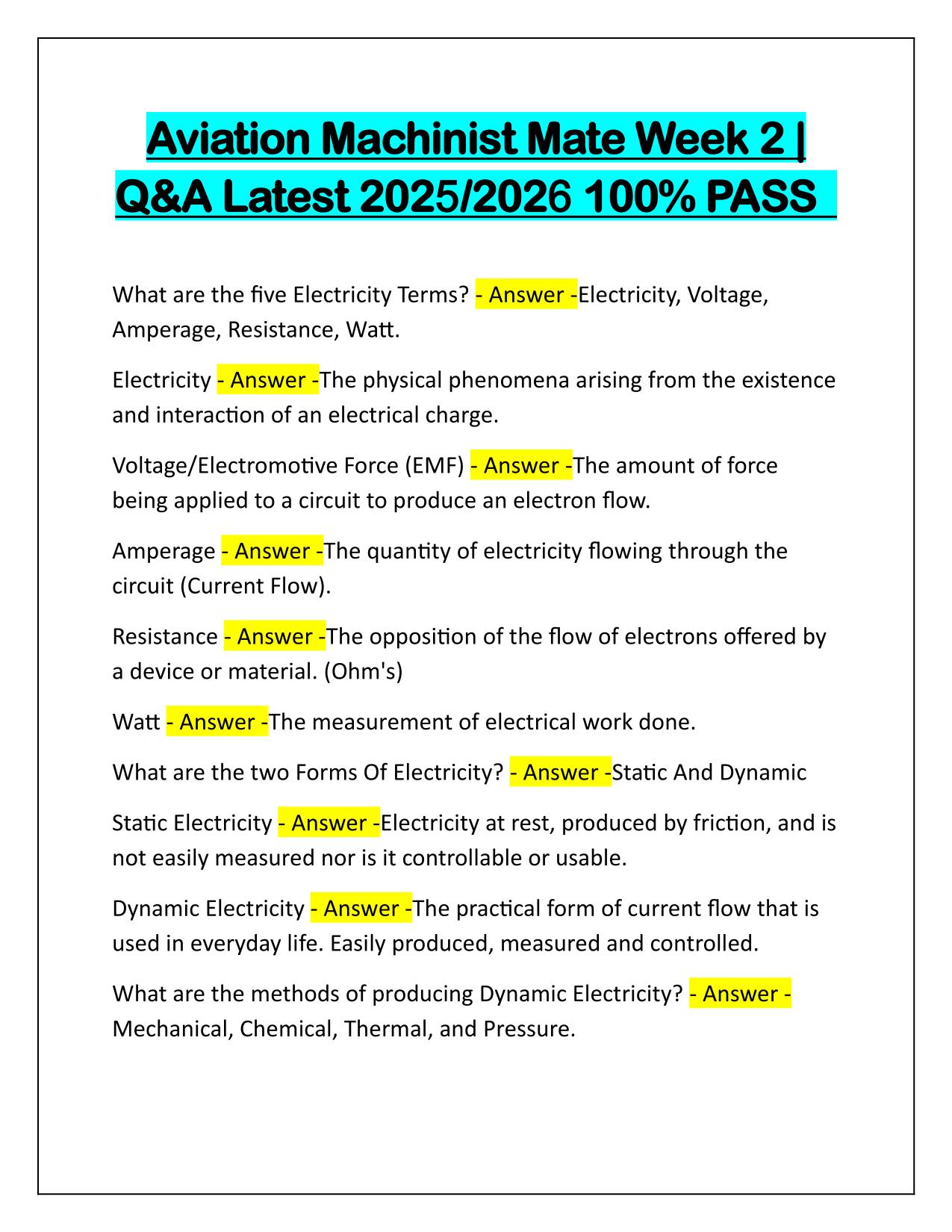 Package Deal for Aviation Machinist Mate Exams Q&A Latest Update 2025-2026