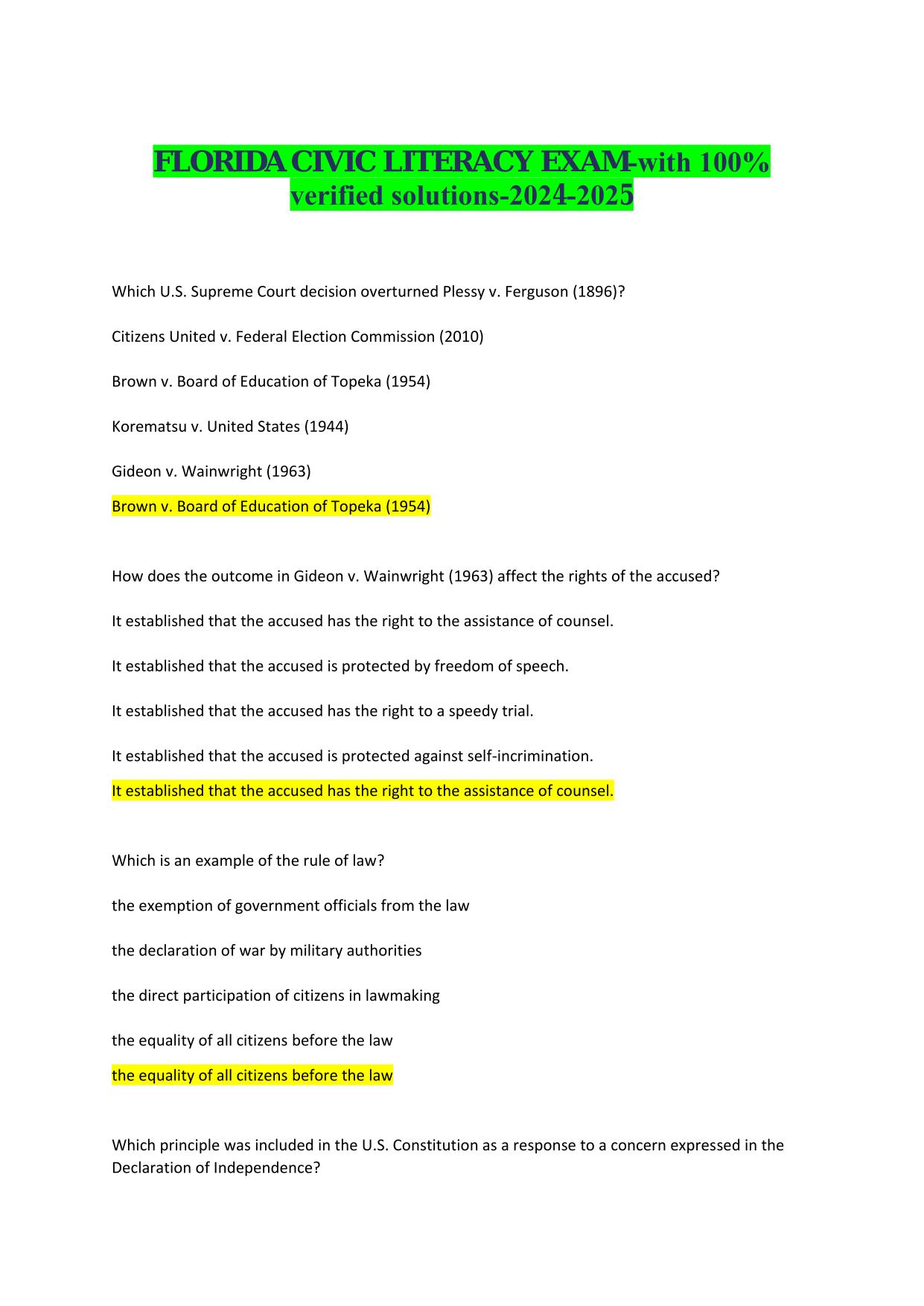 FLORIDA CIVIC LITERACY EXAM ACTUAL 2025/2026 Q&A 100% PASS