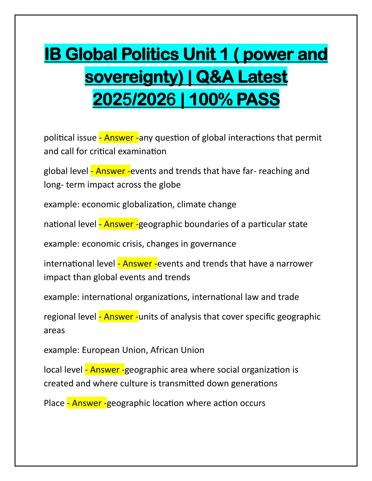 IB Global Politics Unit 1 (power and sovereignty) Correctly Answered Latest Update