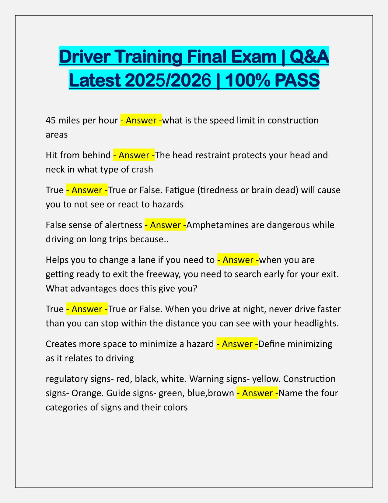 Driver Training Final Exam Q&A Latest Update