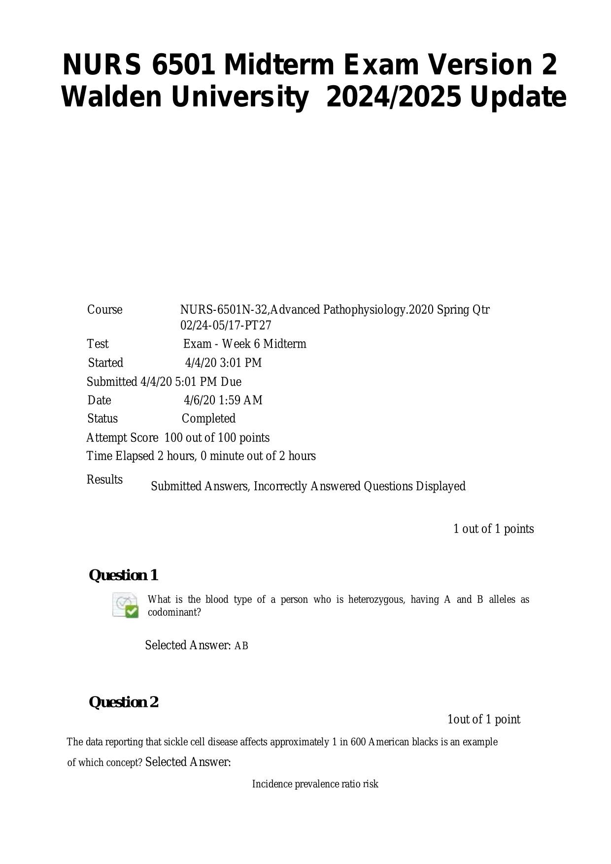 NURS 6501 Midterm Exam Version 2 Walden University 2025/2026 UPDATE