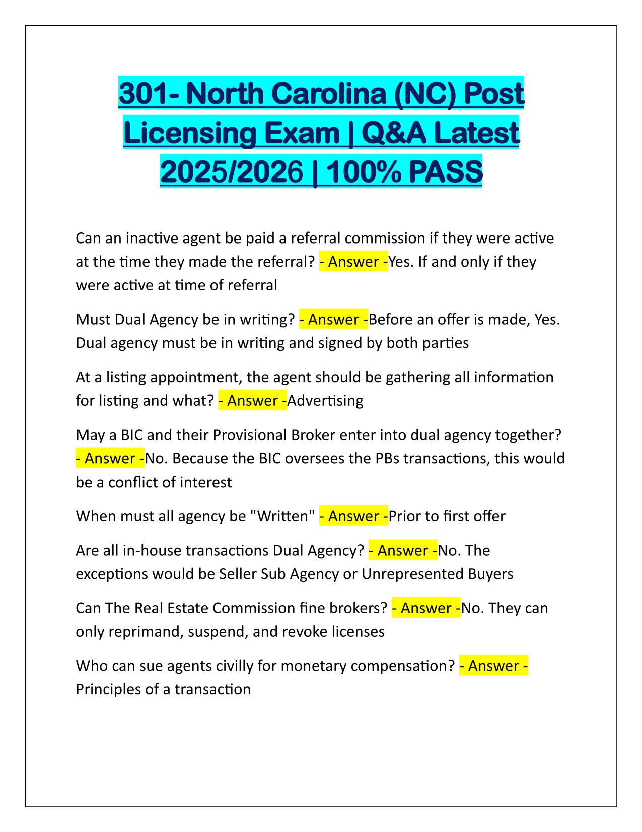 301-North Carolina (NC) Post Licensing Exam Q&A Latest Update