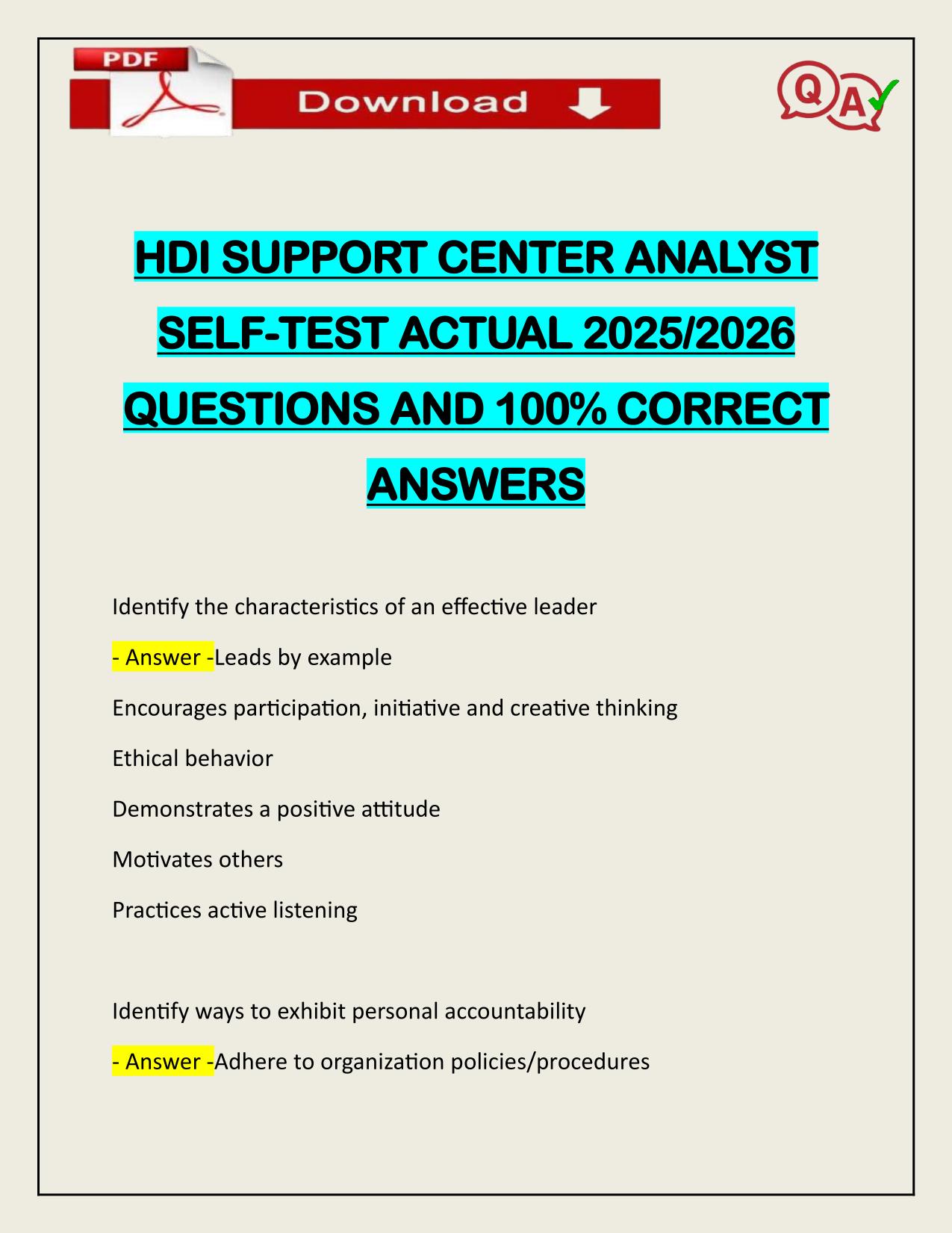 HDI SUPPORT CENTER ANALYST SELF-TEST ACTUAL 2025/2026
