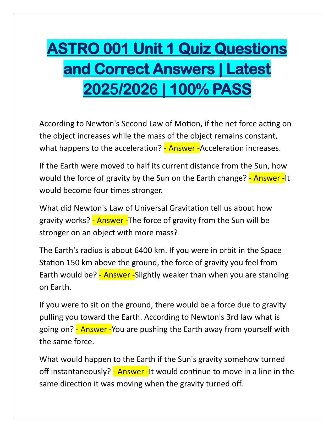ASTRO 001 Unit 1 Quiz Q&A Latest Update