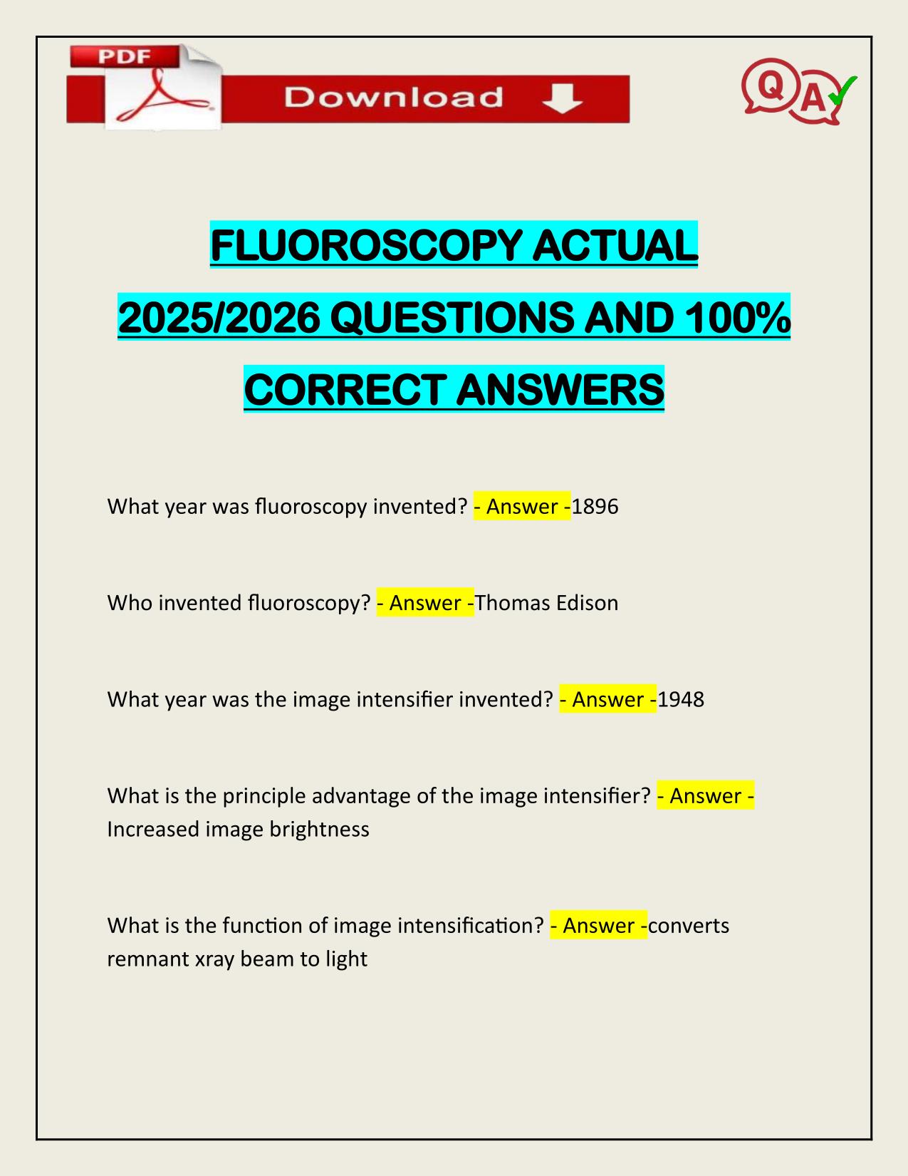 FLUOROSCOPY ACTUAL 2025/2026 CORRECTLY ANSWERED