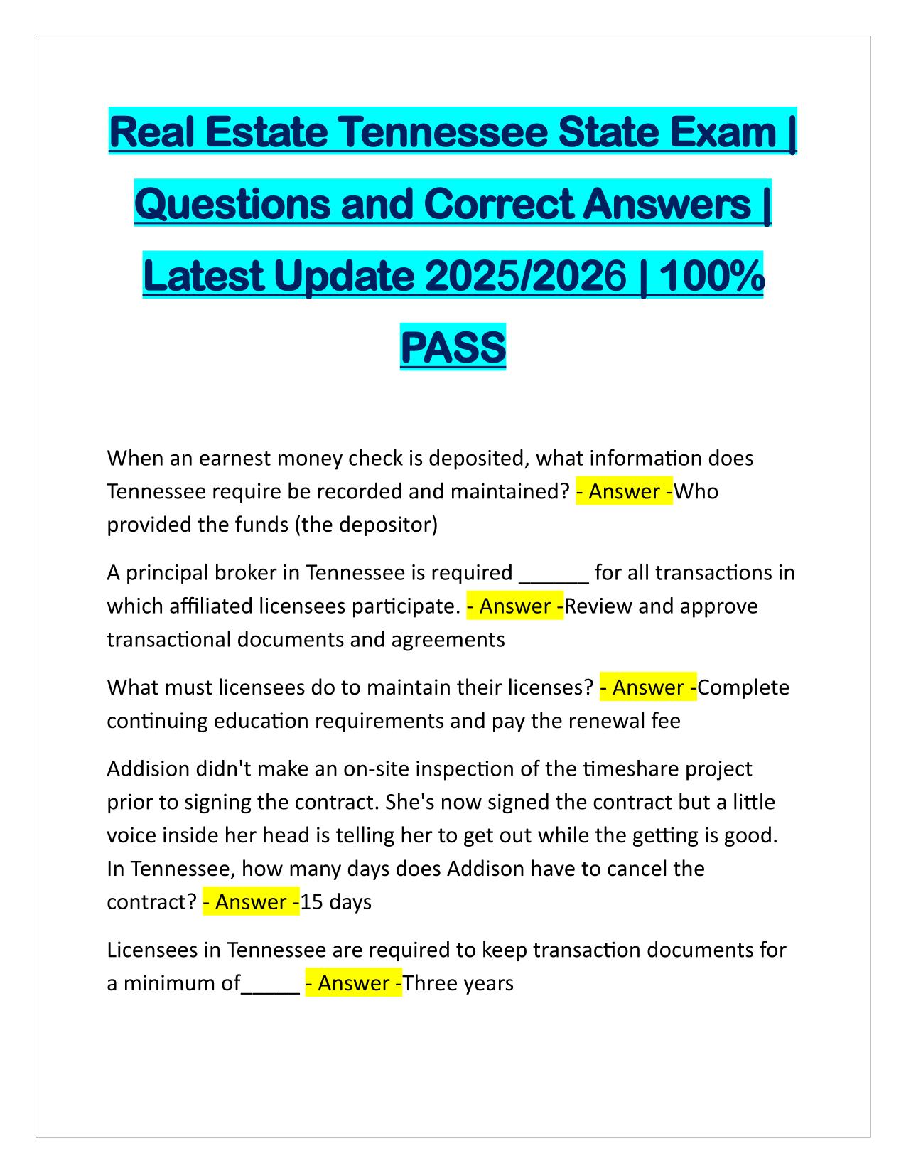 Bundle for TN-Tennessee Real Estate Course EXAMS Q&A 2025/2026