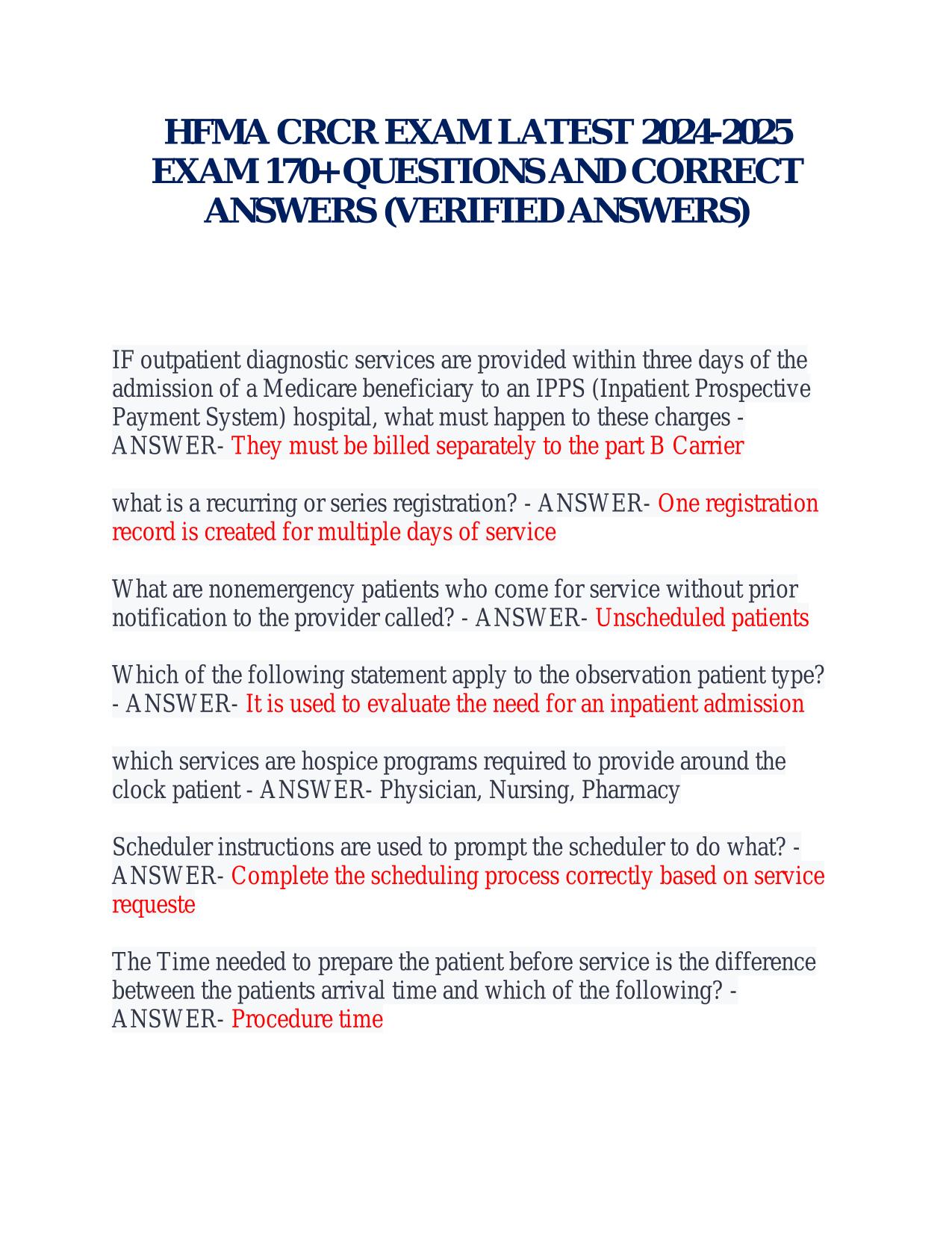 HFMA CRCR EXAM LATEST 2025-2026 EXAM 170+ QUESTIONS AND CORRECT ANSWERS (VERIFIED ANSWERS)