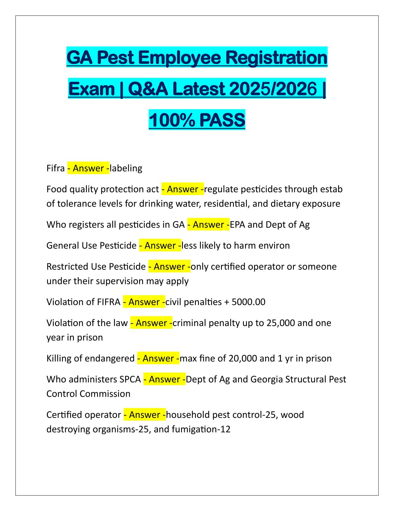 GA Pest Employee Registration Exam Questions and Answers 2025/2026