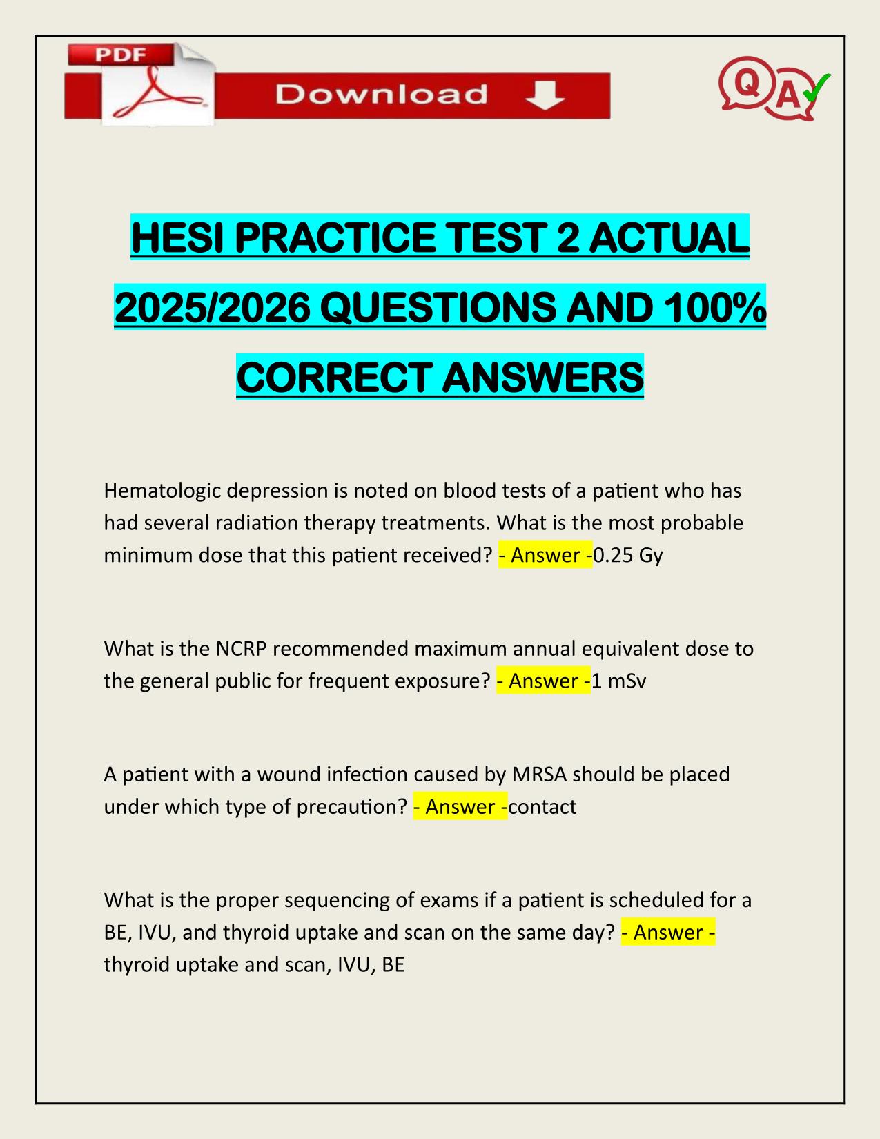 HESI PRACTICE TEST 2 ACTUAL 2025/2026 CORRECTLY ANSWERED