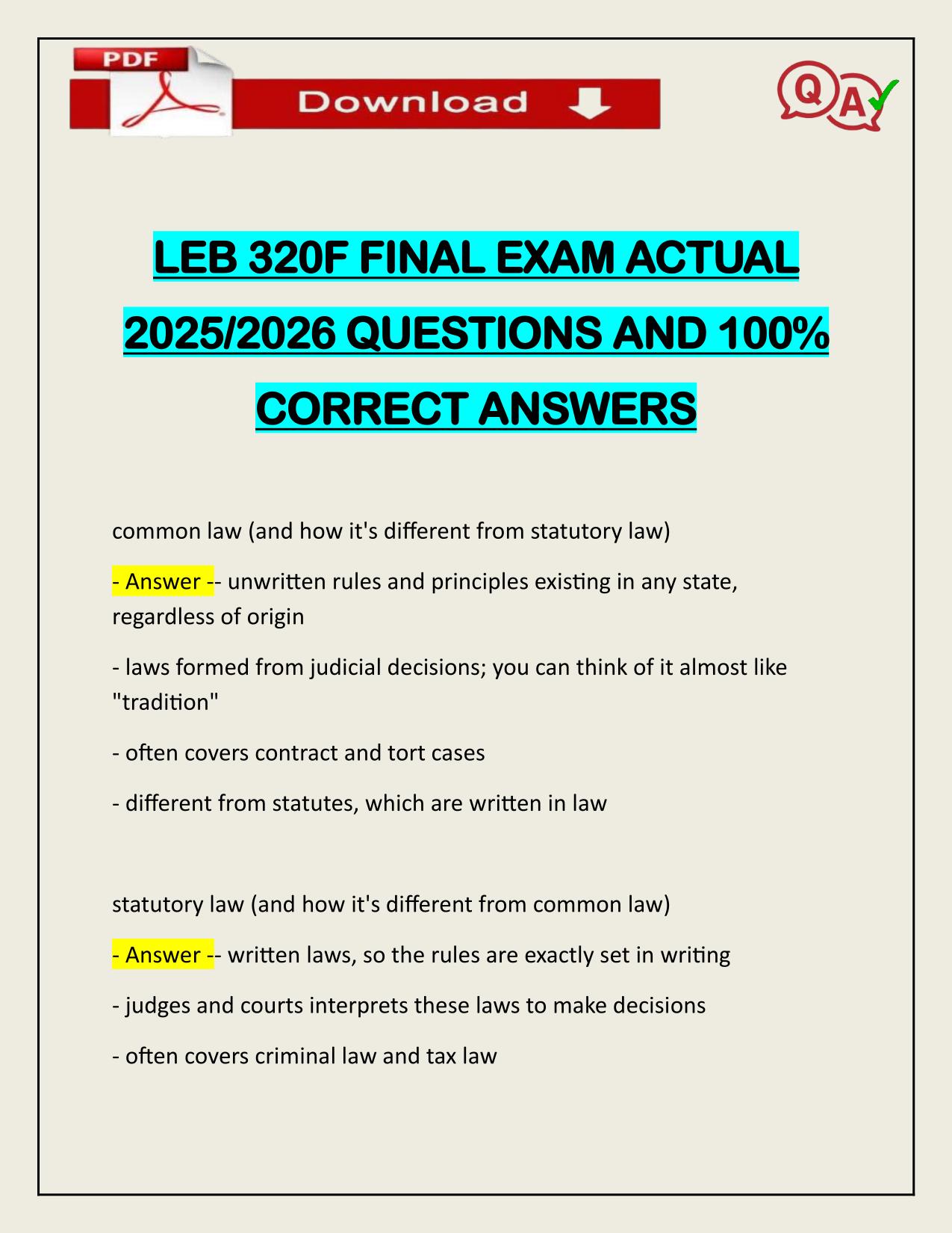 LEB 320F FINAL EXAM ACTUAL 2025/2026 CORRECTLY ANSWERED