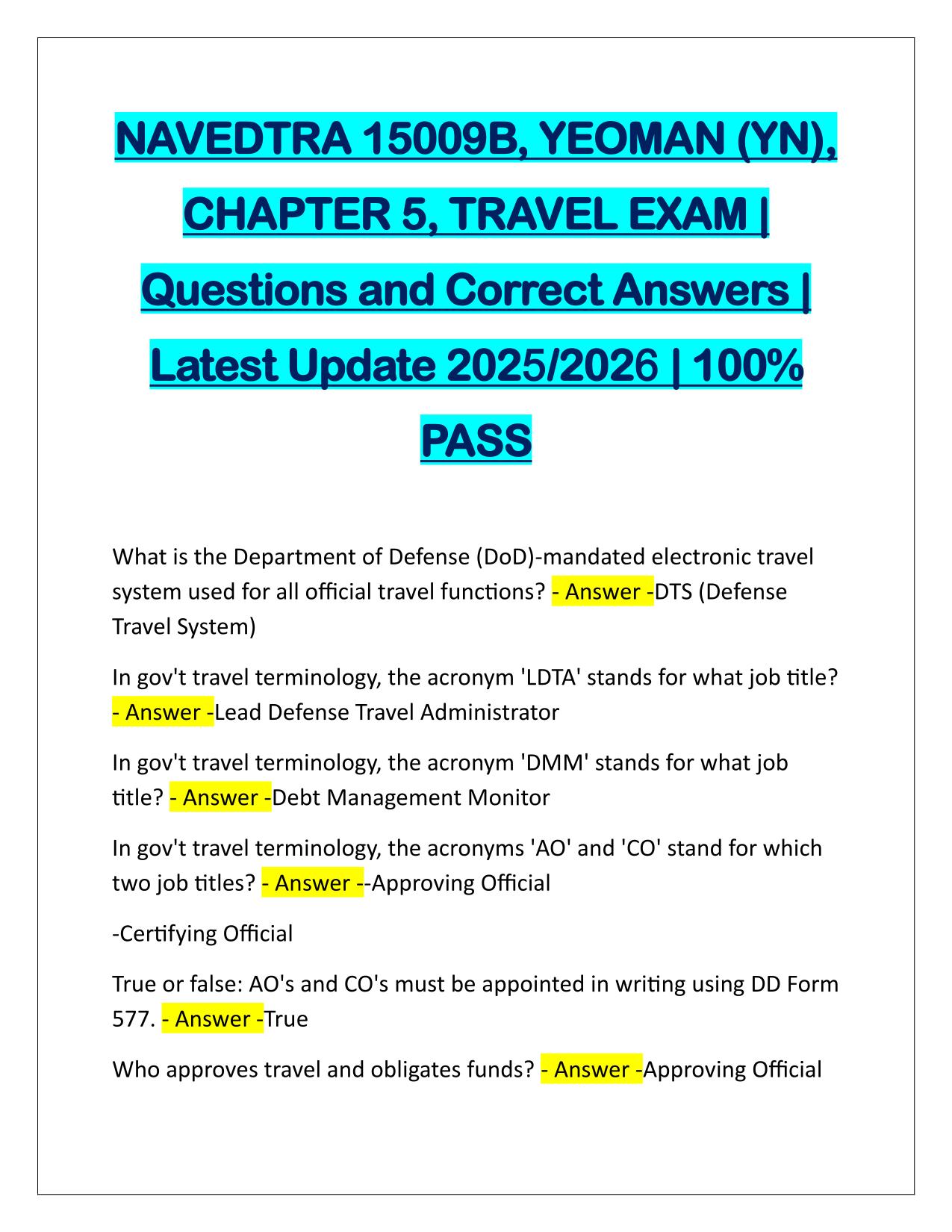 NAVEDTRA 15009B, YEOMAN (YN), CHAPTER 5, TRAVEL EXAM Q&A Latest